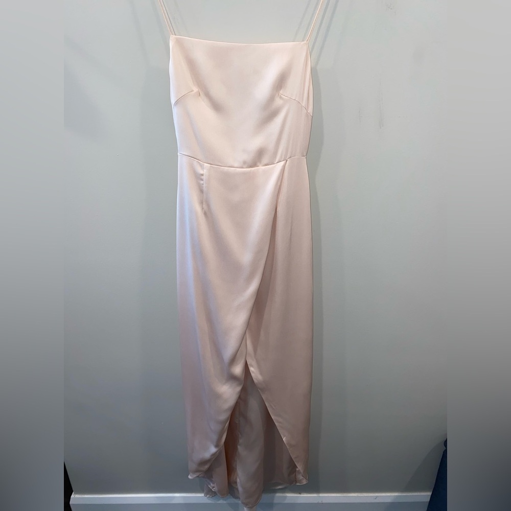 Sabo Skirt Champagne Satin Front Slit Low Back Long Dress Square Neck Size S - Picture 2 of 7